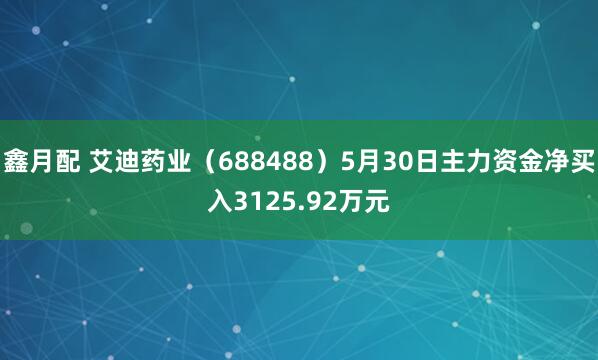 鑫月配 艾迪药业（688488）5月30日主力资金净买入3125.92万元